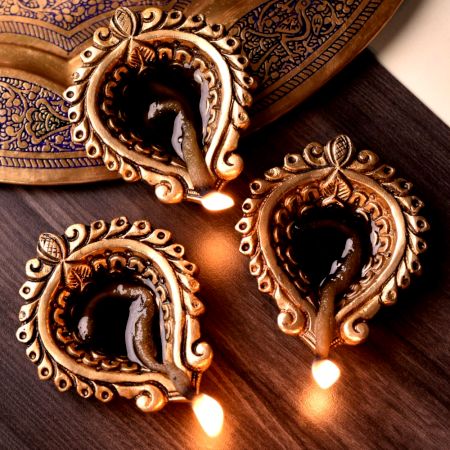 Heart Shaped Swastika Diwali Diya Oil Lamp Pack of 3